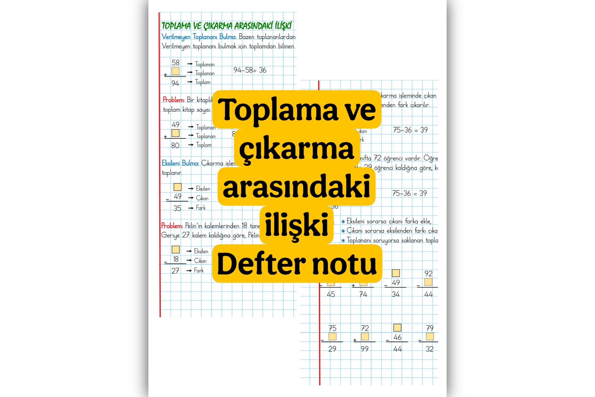2. Sınıf Matematik Toplama ve Çıkarma Arasındaki İlişki Defter Notu