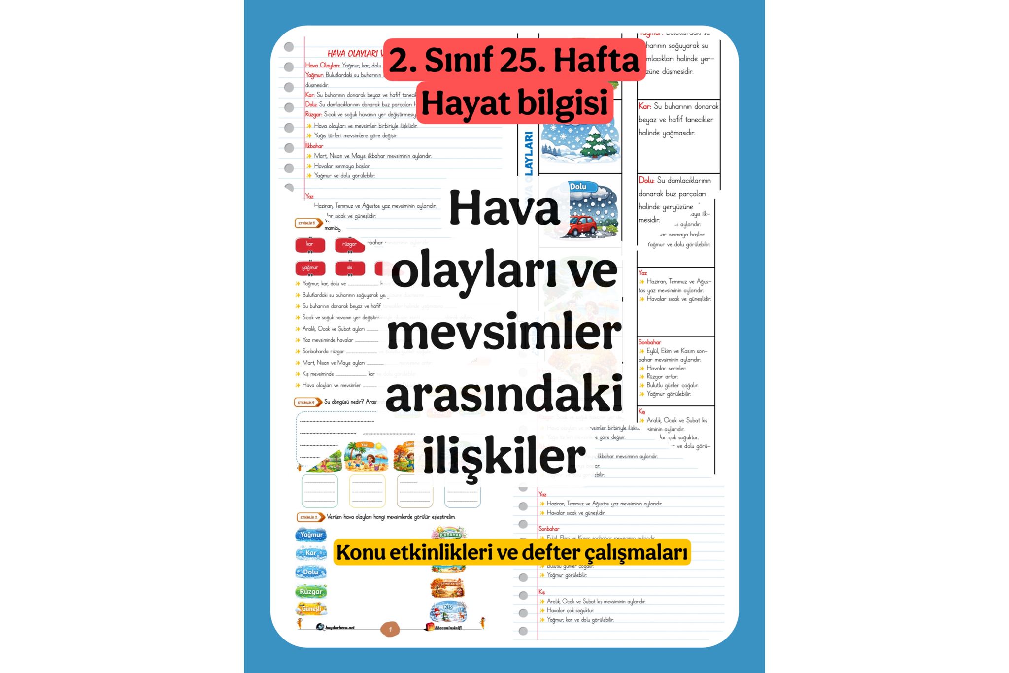 2. Sınıf Hayat Bilgisi Hava Olayları ve Mevsimler Arası İlişki Konu Etkinlikleri ve Defter Çalışmaları