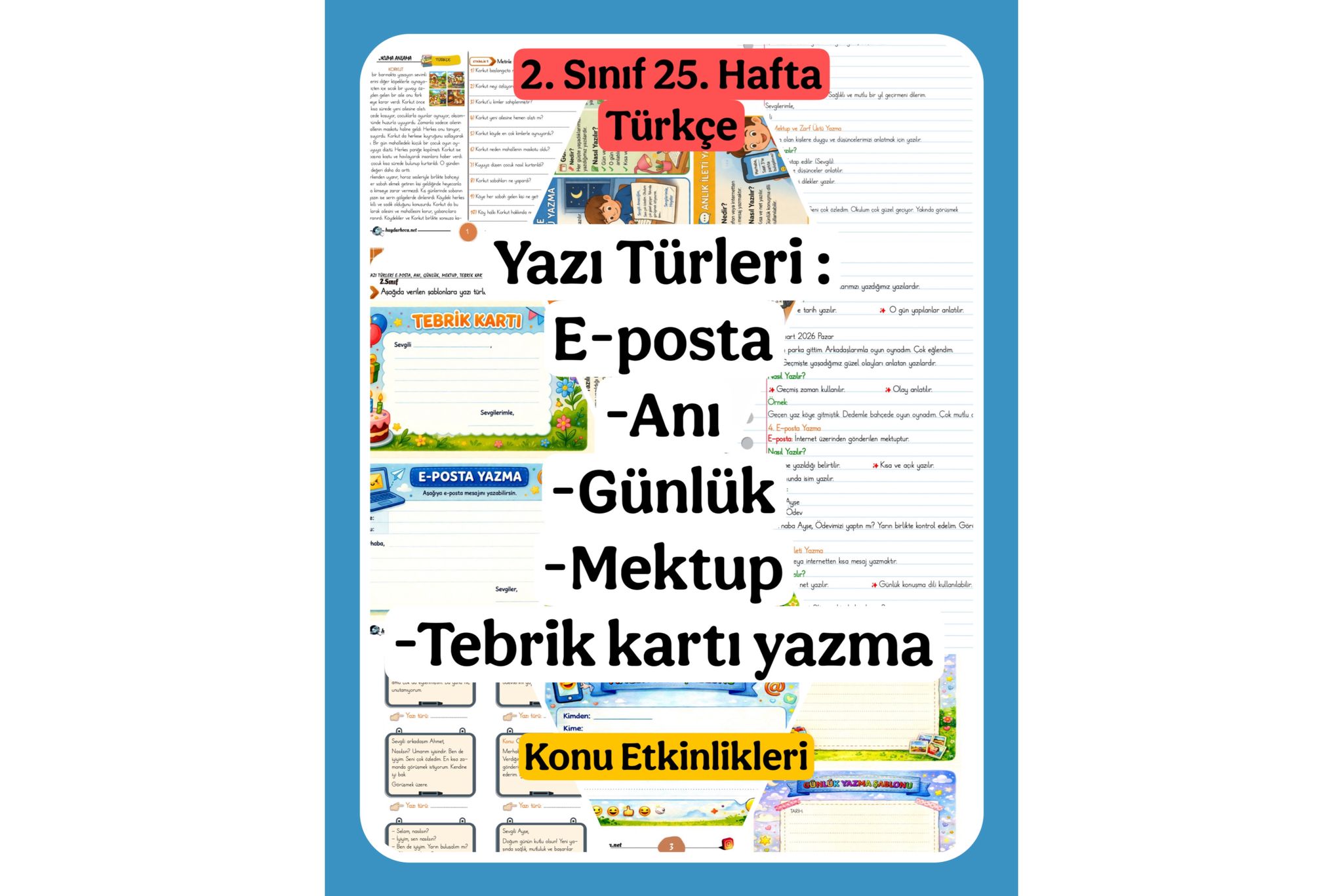 2. Sınıf Türkçe Yazı Türleri E-posta-Anı-Günlük-Mektup-Tebrik kartı yazma Konu Etkinlikleri