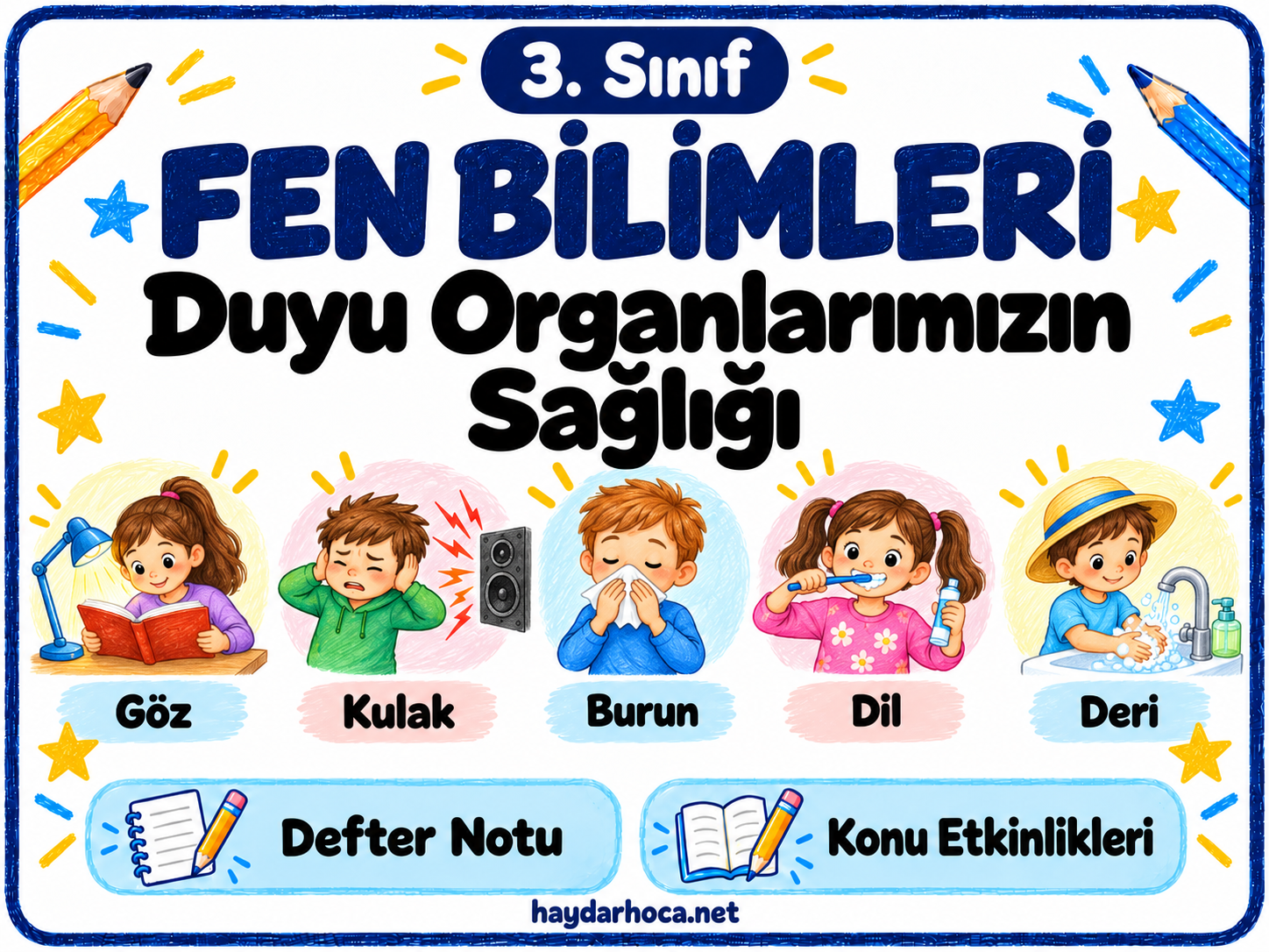 3. Sınıf Fen Bilimleri Duyu Organlarımızın Sağlığı Defter Çalışmaları ve Konu Etkinlikleri